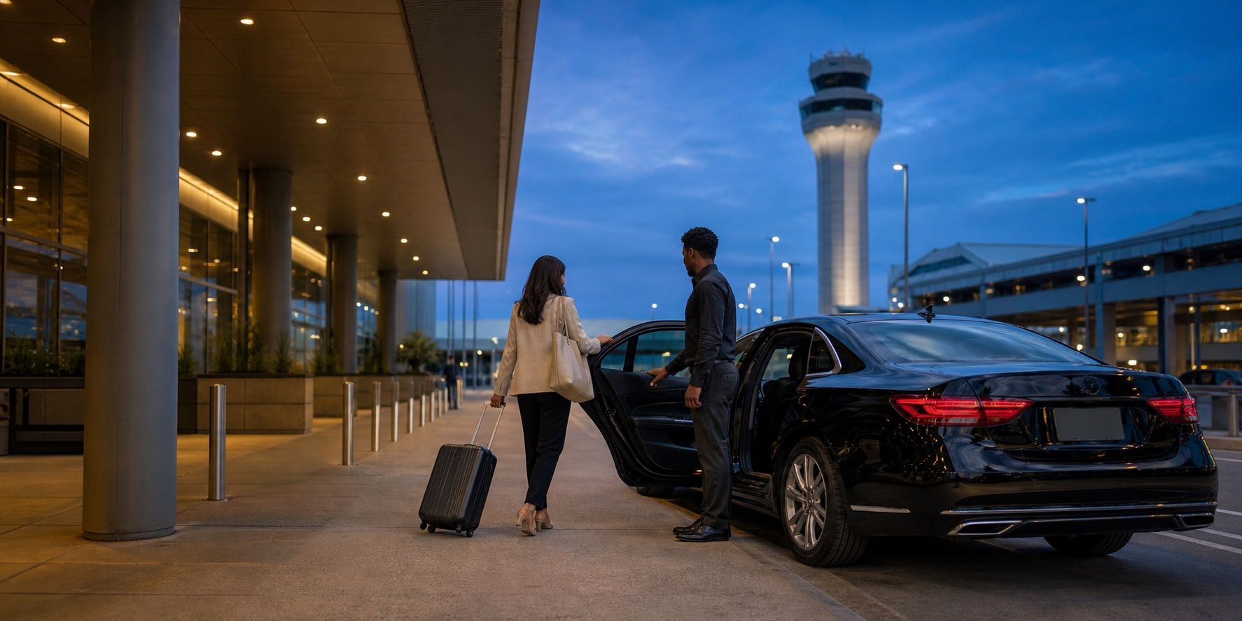 Illustrative driver assisting a traveler at an airport curb